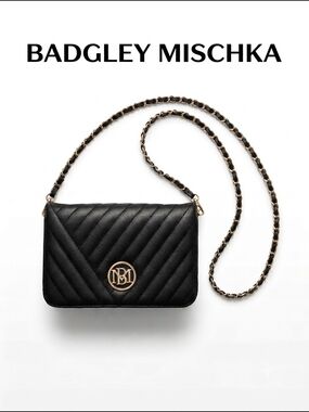 Badgley Mischka Black Quilted Chain-Strap Crossbody with Gold Logo